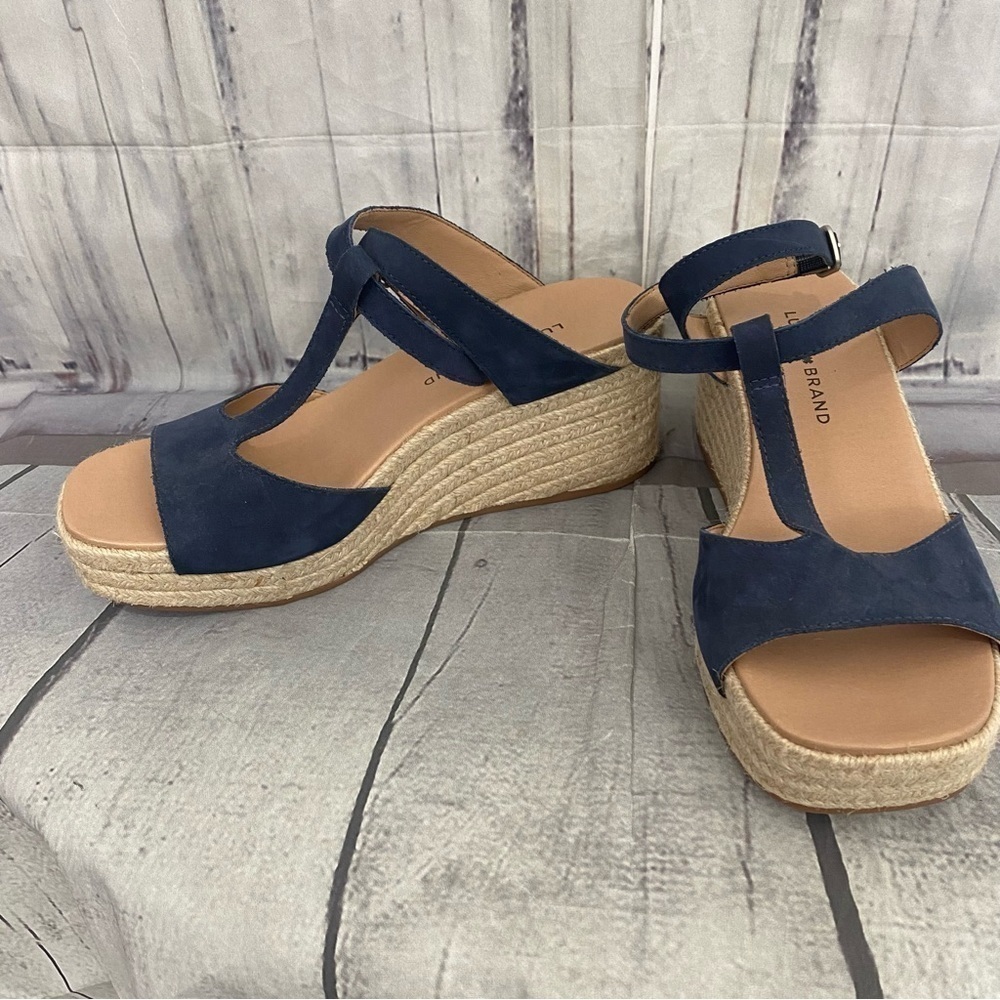 Lucky Brand Size 8.5 M Blue Suede Ankle Strap Espadrille Wedge Sandals Jute NEW - Picture 5 of 10